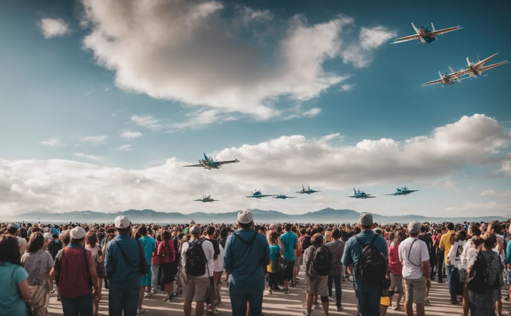 A crowd watches as fighter jets fly in formation against a cloudy sky.