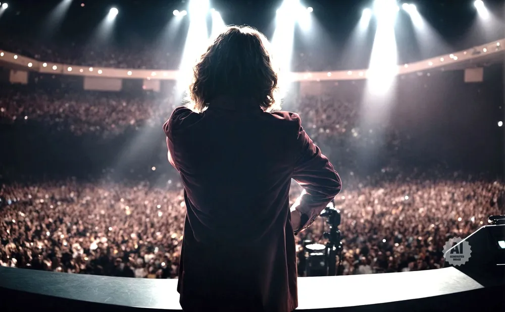 Performer in a velvet jacket on stage facing a large, cheering audience under bright spotlights.