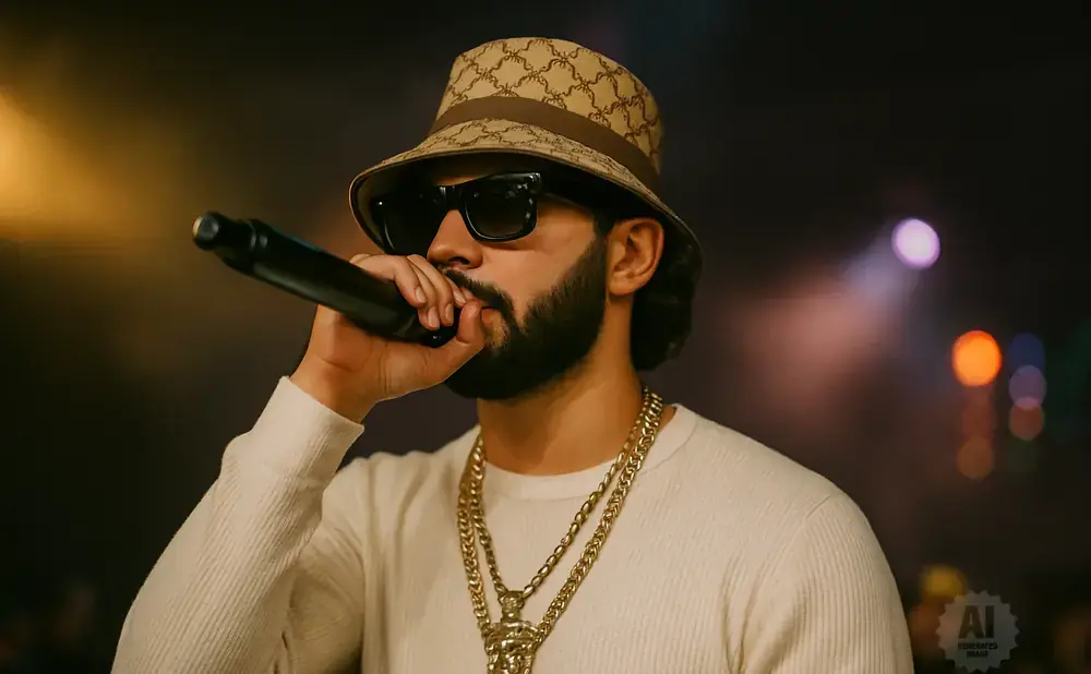A man with a beard, sunglasses, bucket hat, and gold chains holds a microphone and sings.