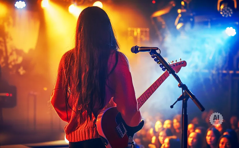 Woman playing guitar on stage with bright stage lights and a blurred audience.