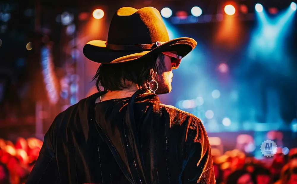 Person in a black cowboy hat and sunglasses on stage with colorful lights and a blurry crowd.