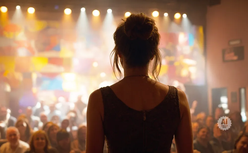 Woman with hair in a bun, facing away from the camera, on a stage in front of an audience.