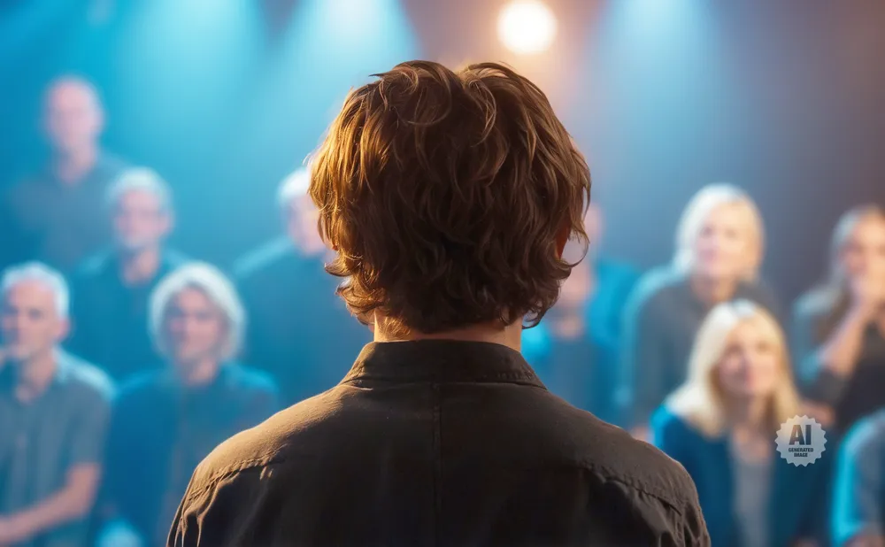Back of a person's head with wavy brown hair facing an audience in a dimly lit room with blue stage lighting.