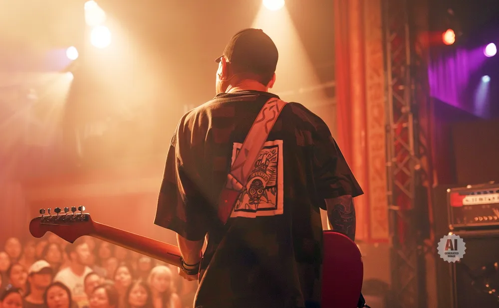 A guitarist from behind plays on stage at a concert, with the audience visible in the foreground and stage lights illuminating the scene.