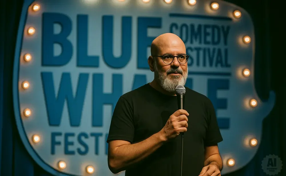 A bald man with glasses and a beard holds a microphone on stage in front of a 