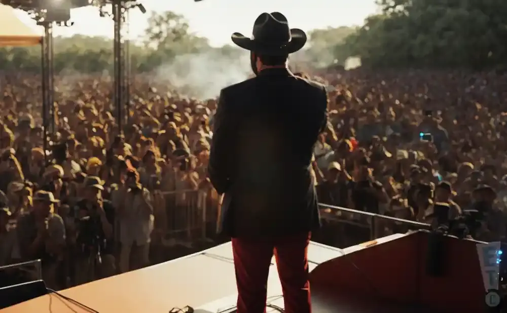 Man in cowboy hat and red pants on stage facing a large cheering crowd at an outdoor concert.