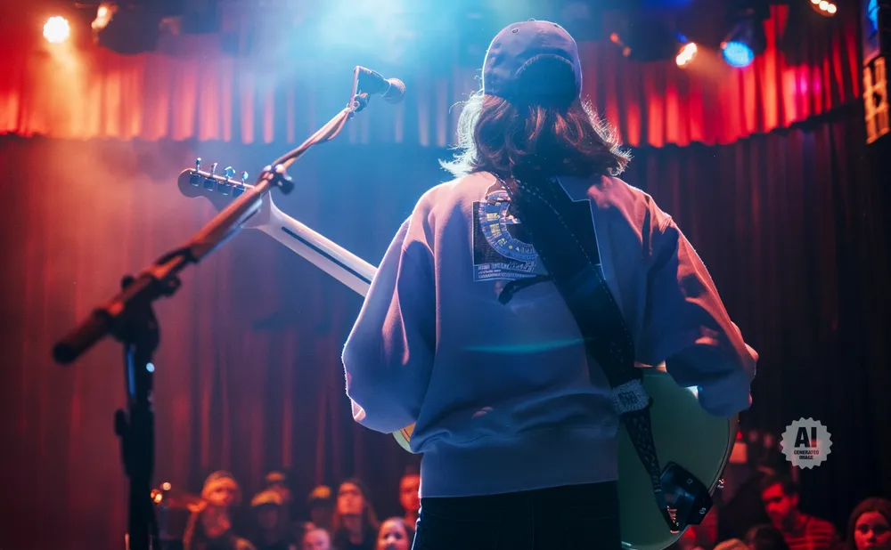 A musician with a guitar is on stage, facing away from the camera, bathed in colorful stage lights.