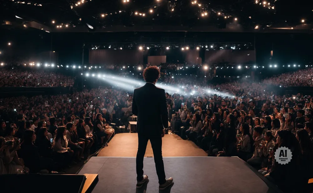 A performer stands on stage addressing a large, illuminated audience in a concert hall.
