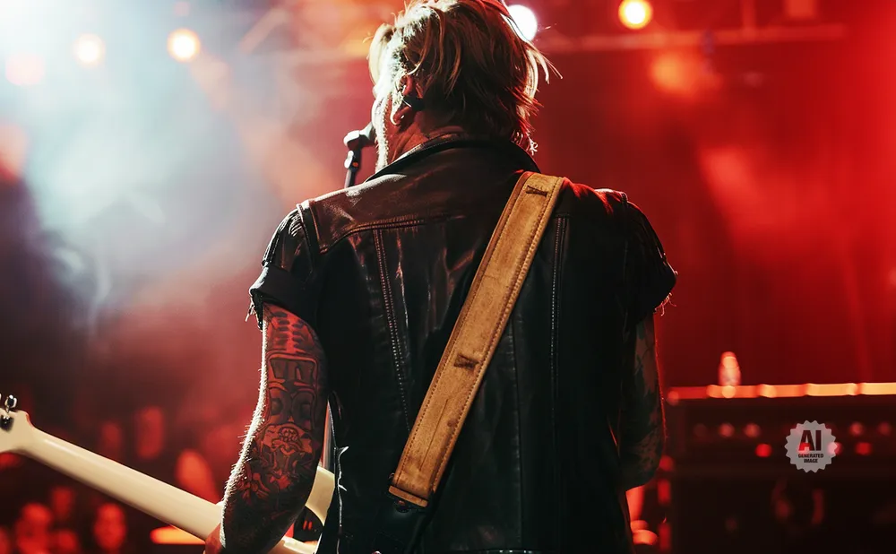 Musician with tattoos on arm, wearing leather jacket and guitar strap, performing on stage with red lighting.