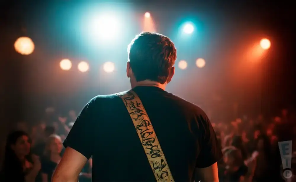 A person with their back to the camera wears a black shirt and a guitar strap while standing on a dimly lit stage before a crowd.