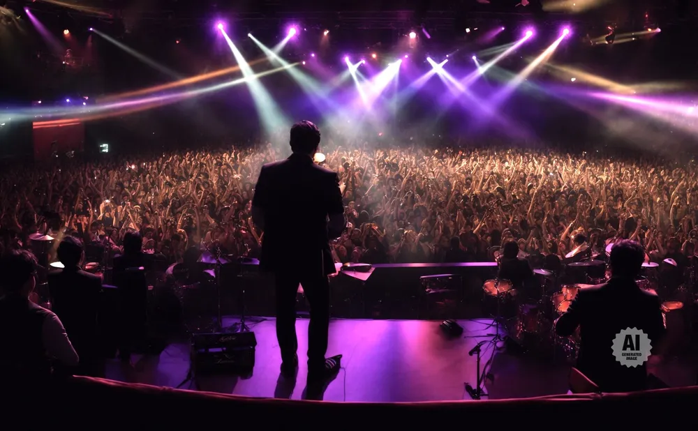 A performer on stage at a concert, facing a large, cheering crowd with purple and white stage lights.