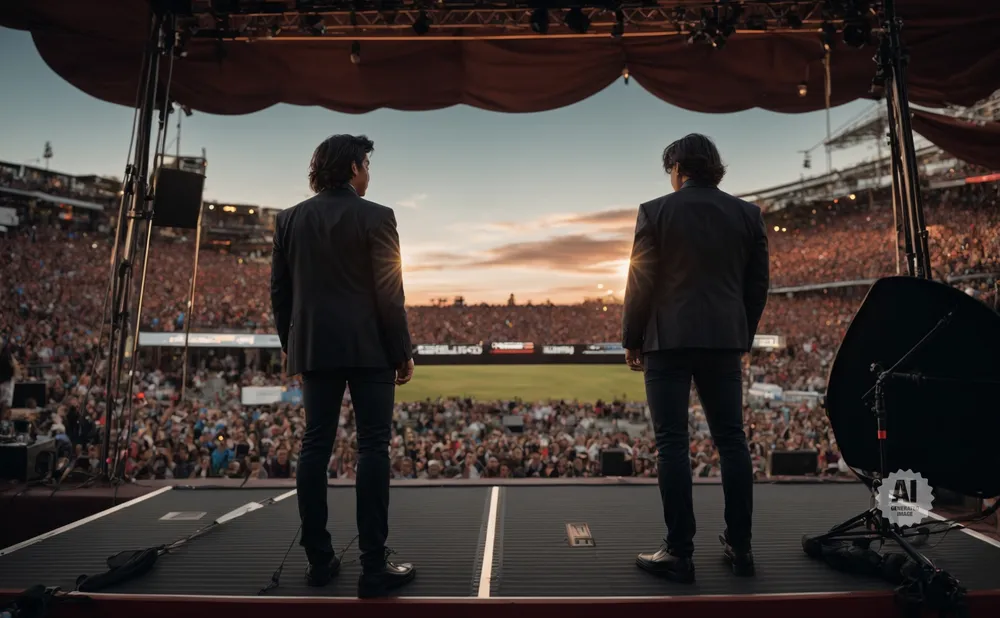 Two men in suits stand on a stage facing a large, cheering crowd in a stadium at sunset.