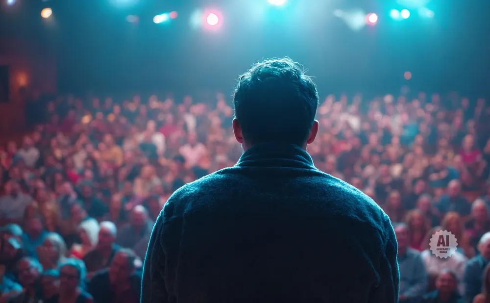 A person stands facing a large audience in a dimly lit theater, with spotlights shining from above.