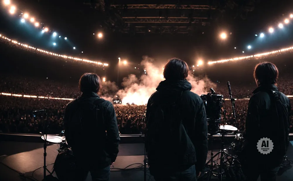 Three people stand on stage facing a large, cheering crowd at a concert, with smoke and stage lights in the background.