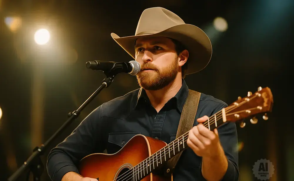 A man in a cowboy hat plays an acoustic guitar and sings into a microphone.