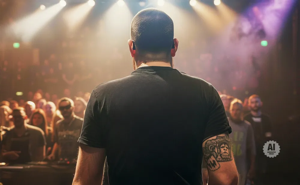 Man in black t-shirt with arm tattoo stands facing a crowd at a concert.