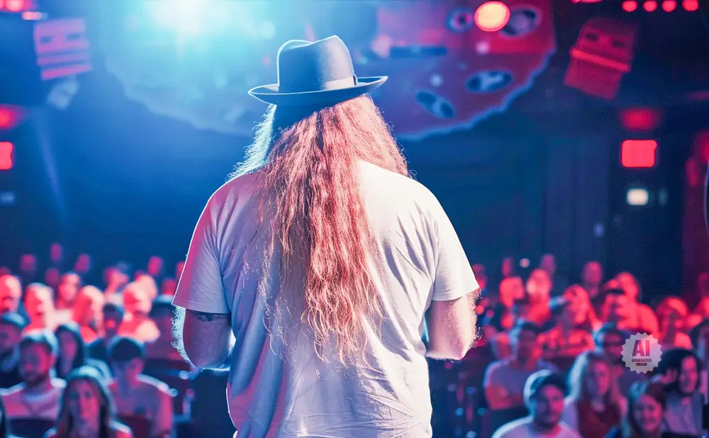 A person with long red hair and a hat stands on a stage facing a blurred audience, illuminated by blue and red lights.
