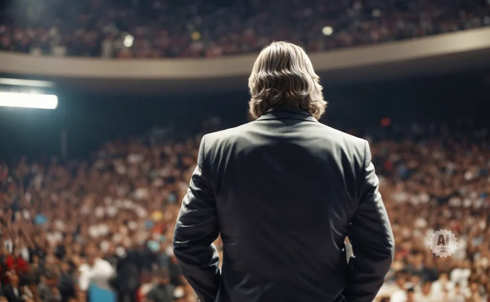 Man with long hair in a suit facing a large audience in a stadium.