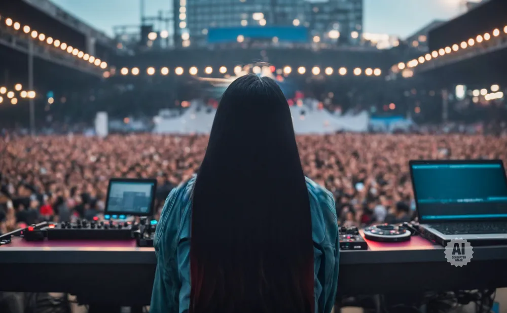 DJ playing to a large crowd at an outdoor concert venue with stage lights and speakers.