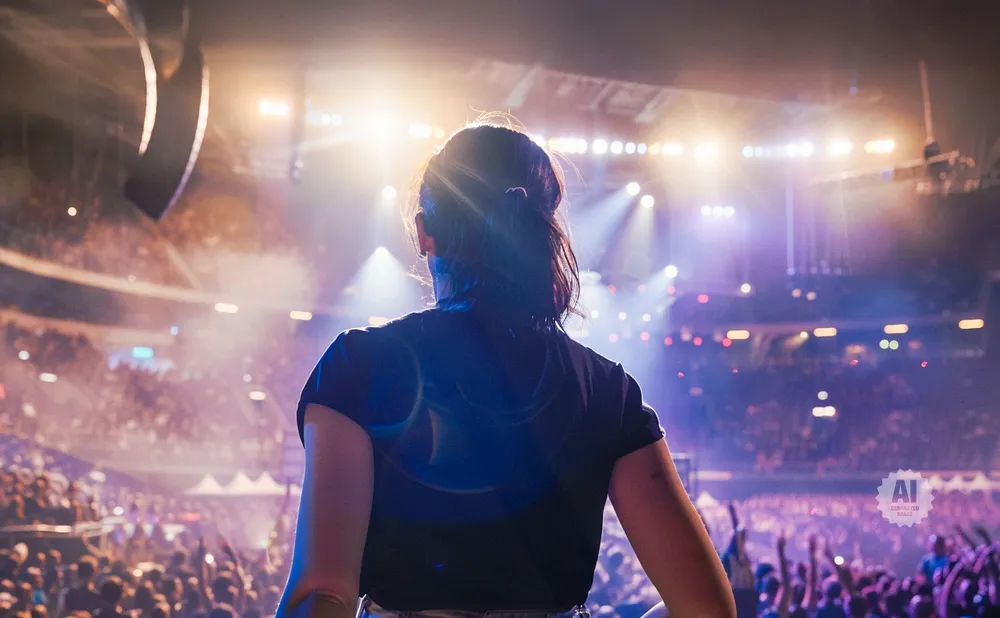 A person in a black t-shirt looks out at a large, brightly lit concert crowd.