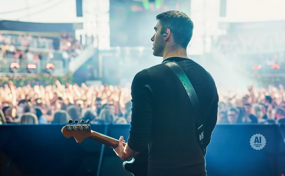 Guitarist on stage plays for a cheering crowd at a concert.