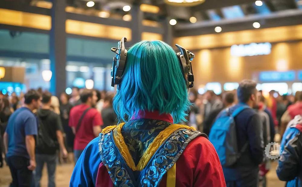 A person with bright blue hair wears headphones and a red and blue patterned outfit, standing in a crowd.