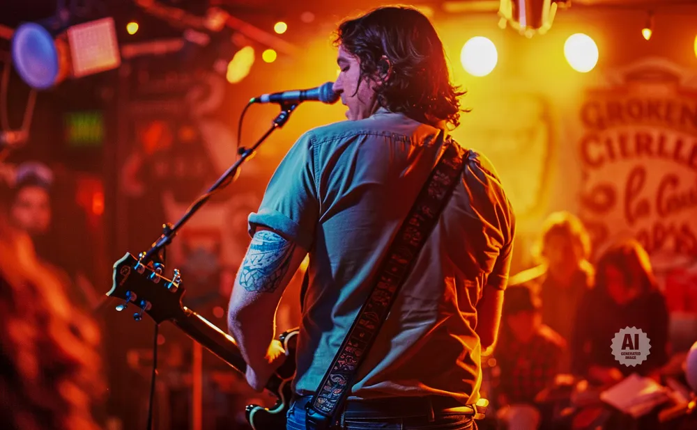 Guitarist performing on stage with a microphone and stage lights.