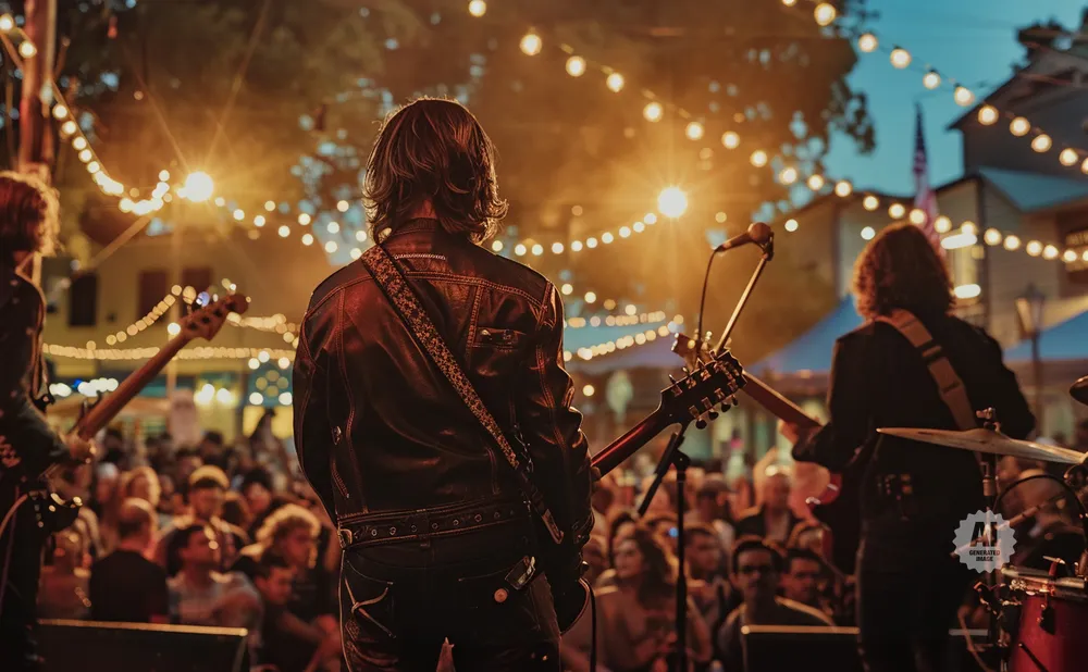 A rock band performs on an outdoor stage at dusk, lit by string lights, with a crowd in the background.