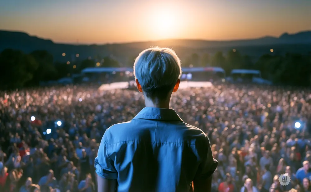 A person with short, light-colored hair stands facing away from the camera, looking out at a large, cheering crowd at sunset.