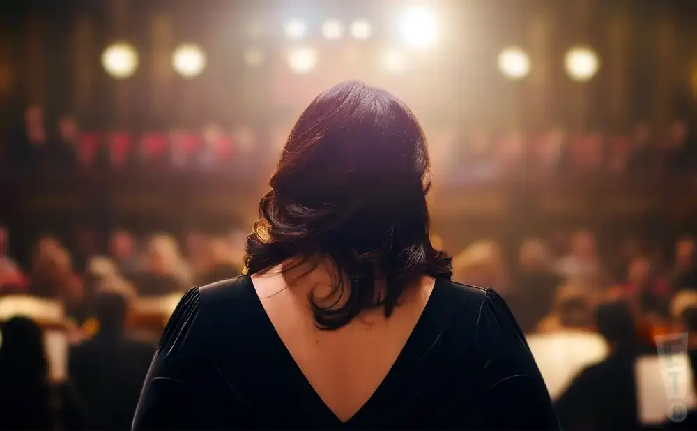 Back view of a woman in a black dress on a stage, facing a blurred audience.