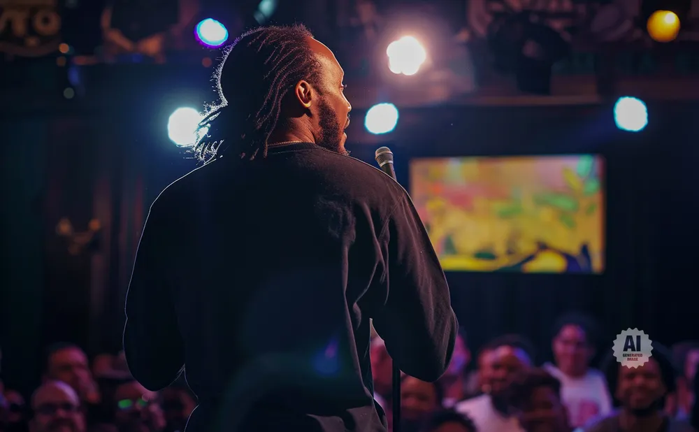 Comedian performs on stage to an audience, holding a microphone.