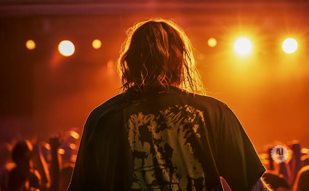 A performer with long, dark, wet hair stands with their back to the camera, bathed in warm, orange stage lights.