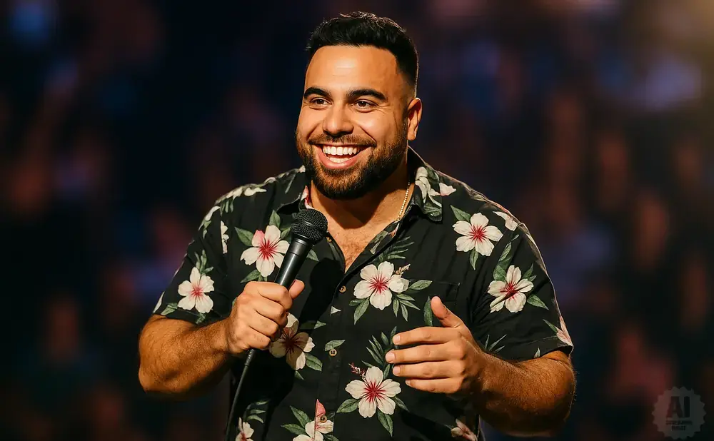 A smiling man in a floral shirt holds a microphone on stage.