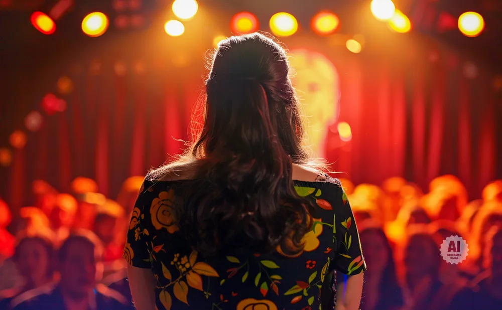 Woman in floral top facing away from camera on stage, audience blurred in background.