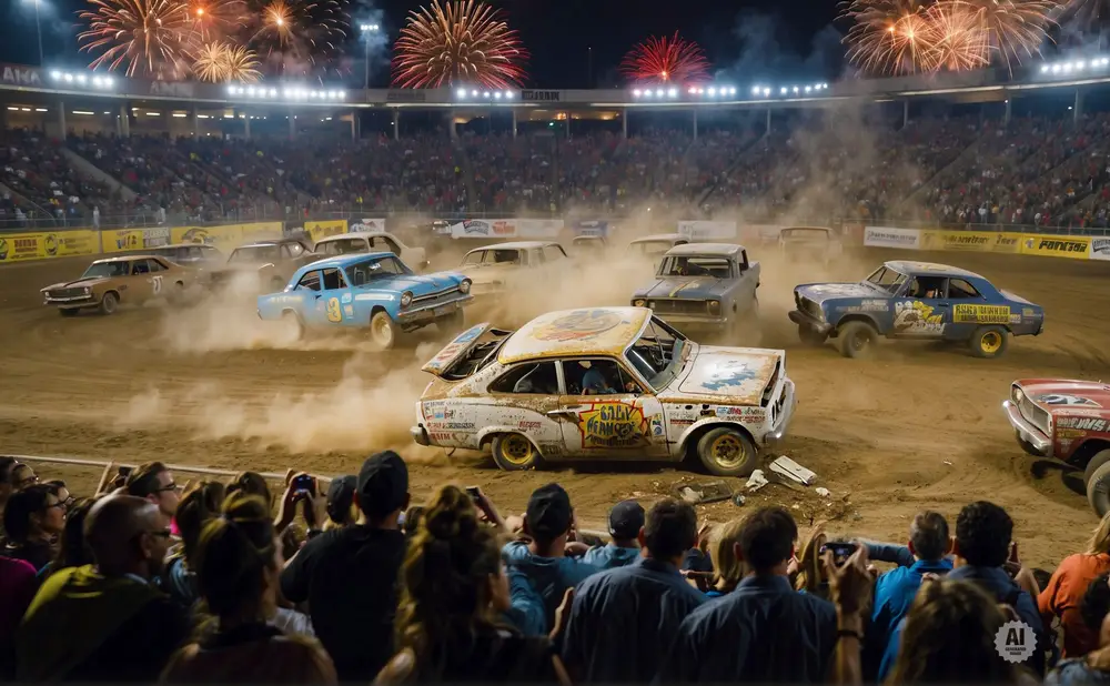 Demolition derby with cars kicking up dust under fireworks. Spectators watch from bleachers.