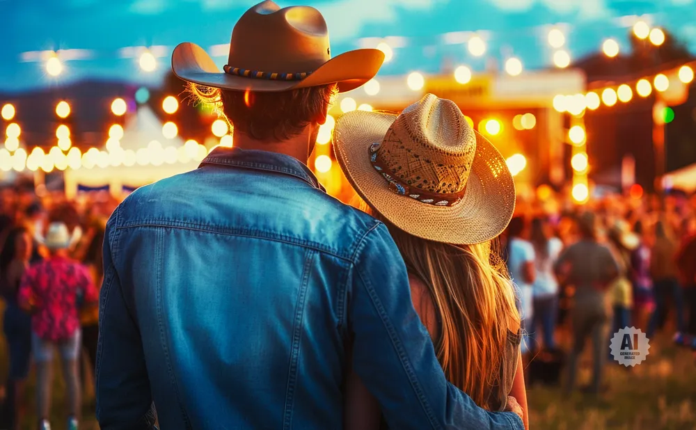 A couple in cowboy hats hugs at an outdoor concert, bathed in warm lights.