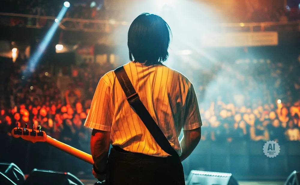 A guitarist on stage plays for a cheering crowd, illuminated by spotlights.