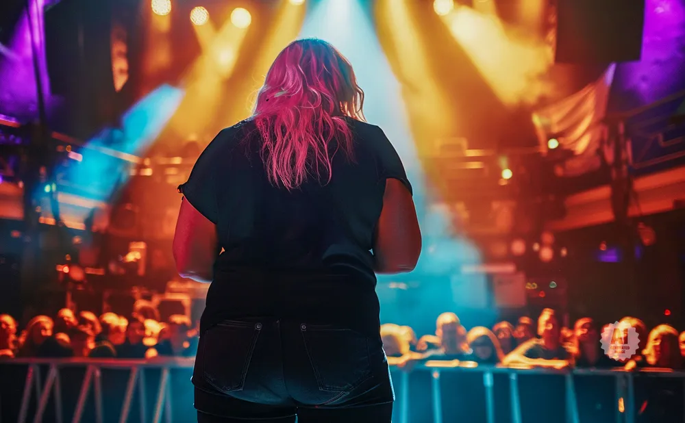 A woman with pink hair faces a stage with bright, colorful lights and a blurred audience.