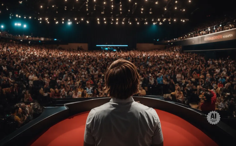 Speaker on a red stage facing a large, seated audience in a dimly lit auditorium.