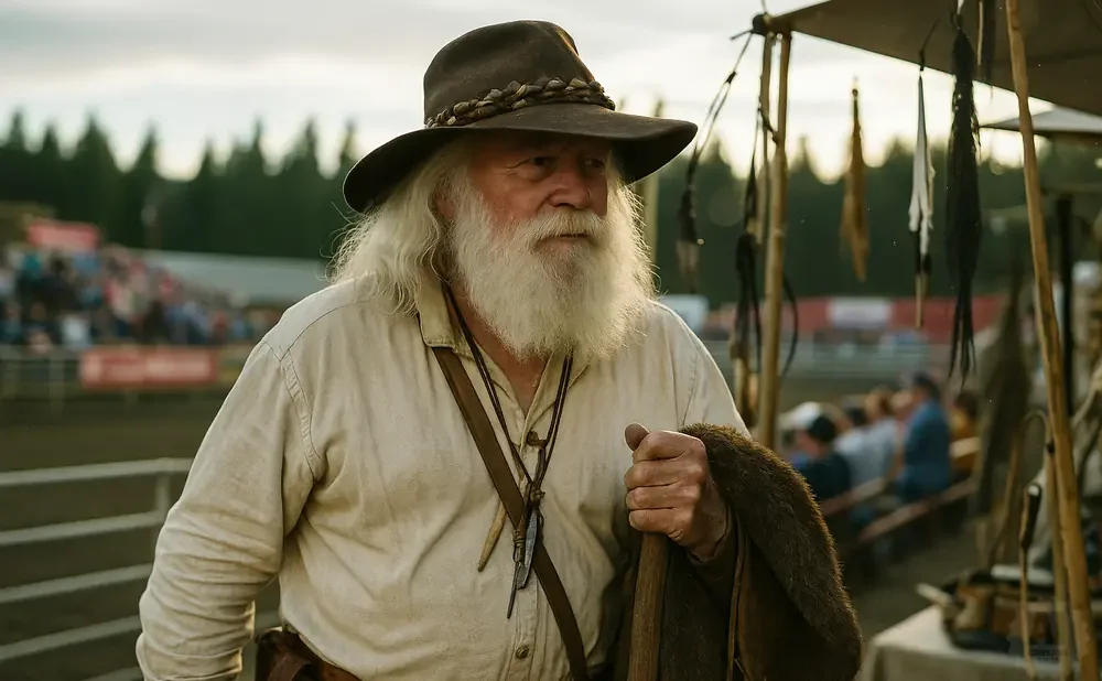 An older man with a long white beard and a cowboy hat stands outdoors.