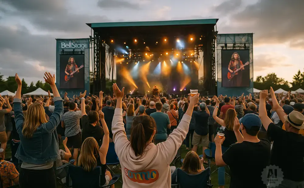 Crowd with hands raised at an outdoor concert, enjoying a musician on stage and large screens.