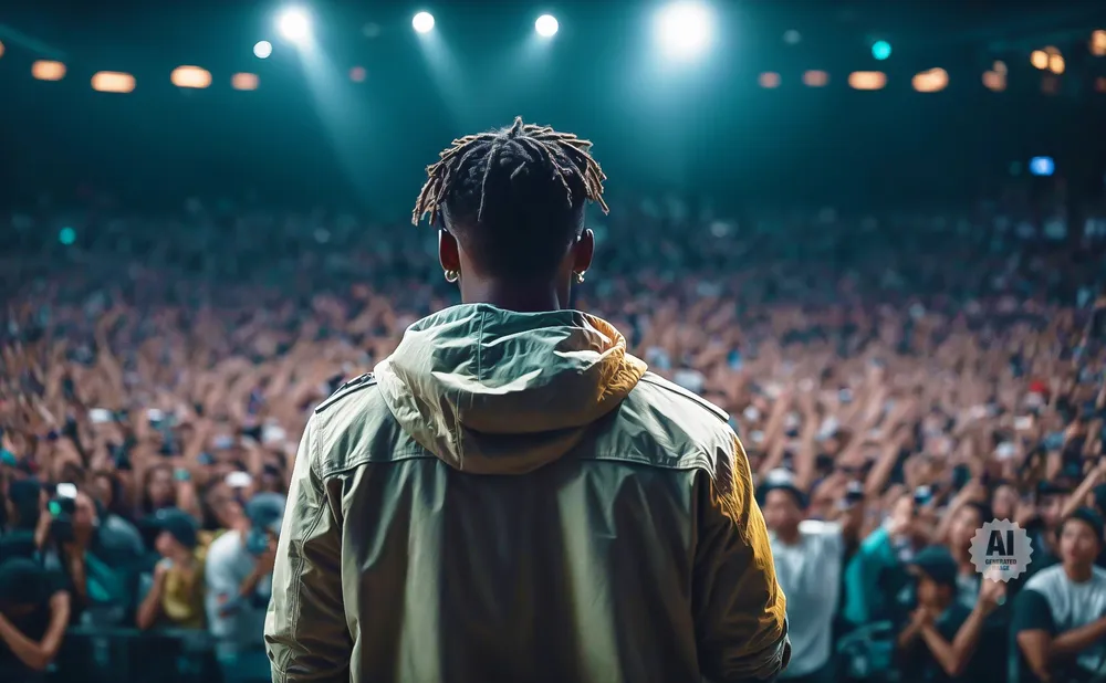 Man with dreadlocks on stage facing a cheering crowd at a concert.