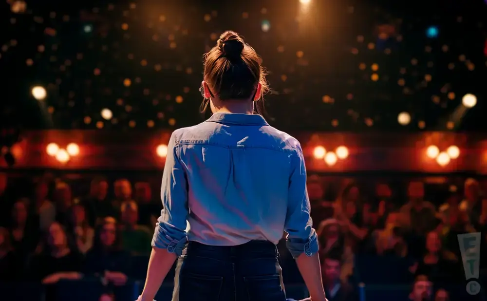 A woman with her back to the camera stands on a stage, facing a blurred audience.