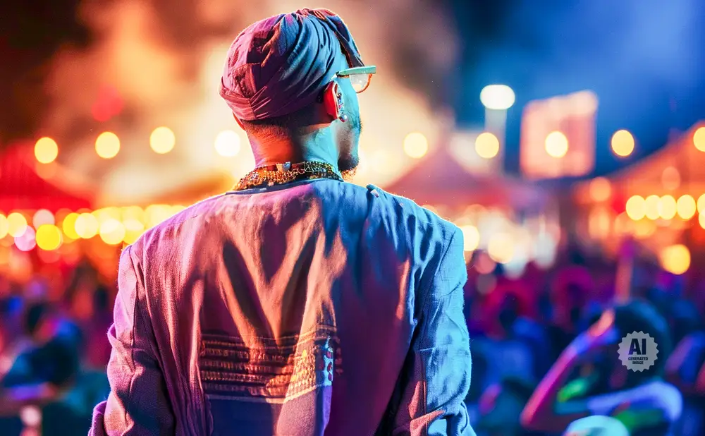 Person in a turban and jacket at a vibrant outdoor event with blurred lights.