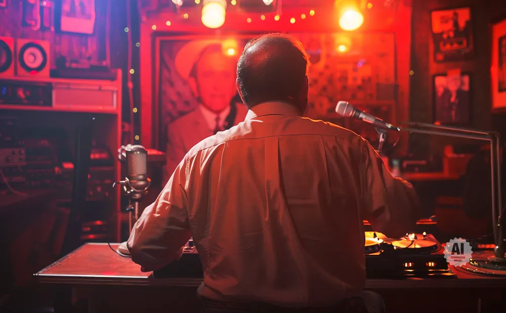 Man in a light-colored shirt with his back to the camera, operating turntables in a dimly lit room with red lighting.