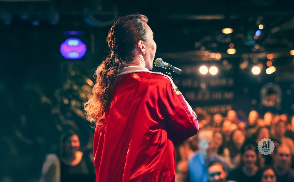 Woman in a red jacket speaking into a microphone on stage with an audience in the background.