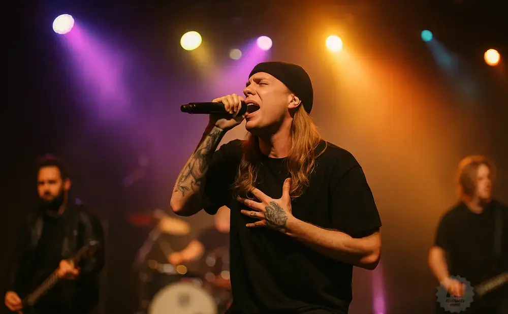 A male singer with long blonde hair and tattoos on his arm performs on stage, illuminated by colorful spotlights.