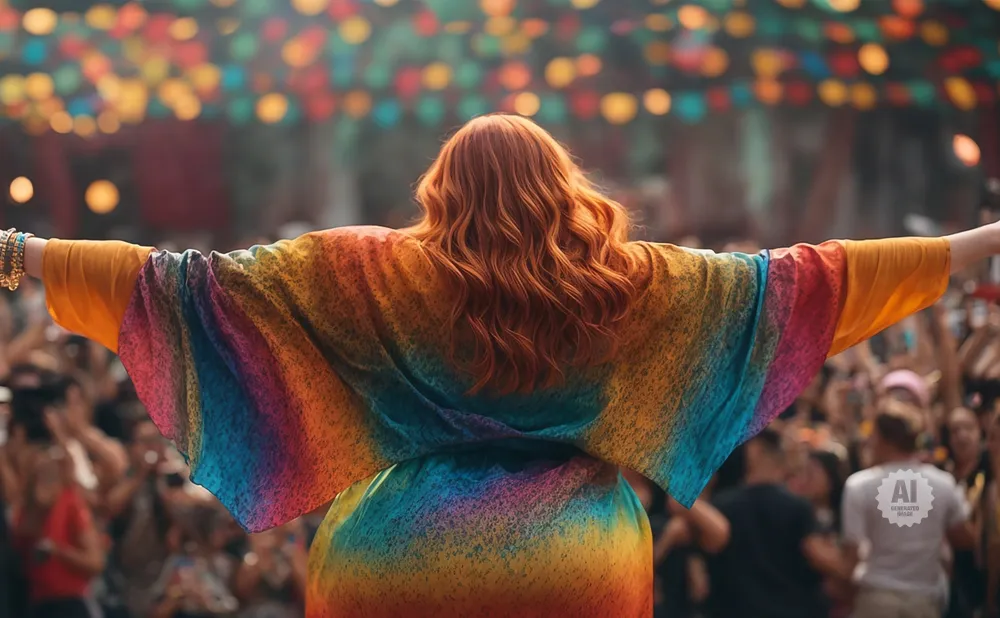 Woman with fiery red hair in a rainbow kimono with arms spread wide at a festival.