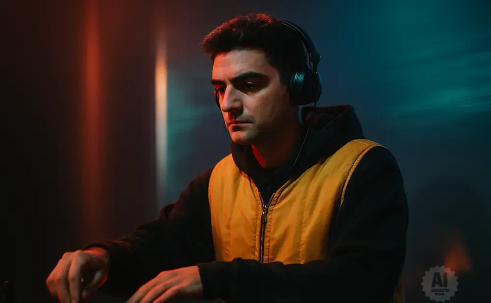 DJ wearing headphones and a yellow vest, focused on equipment in a dimly lit room.