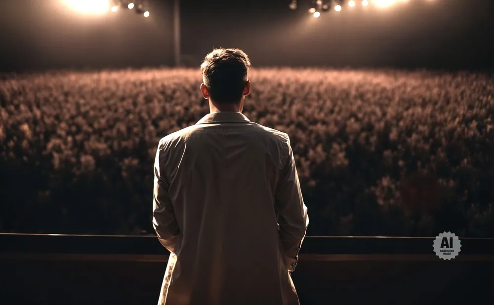A man in a trench coat stands on a stage, facing a large, dimly lit audience.